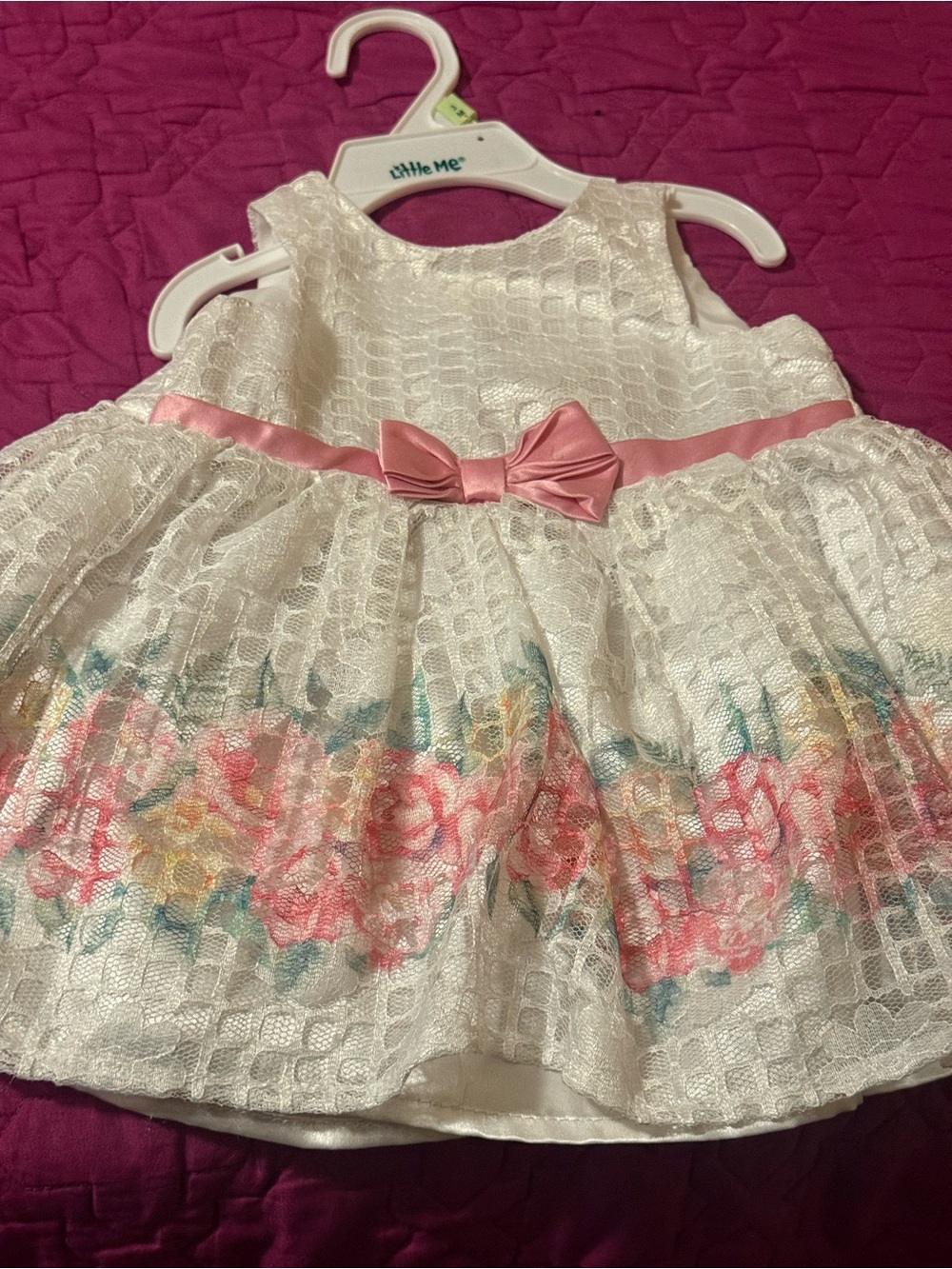 Little Me Ivory Lace Dress with Pink Sash and Floral Hem